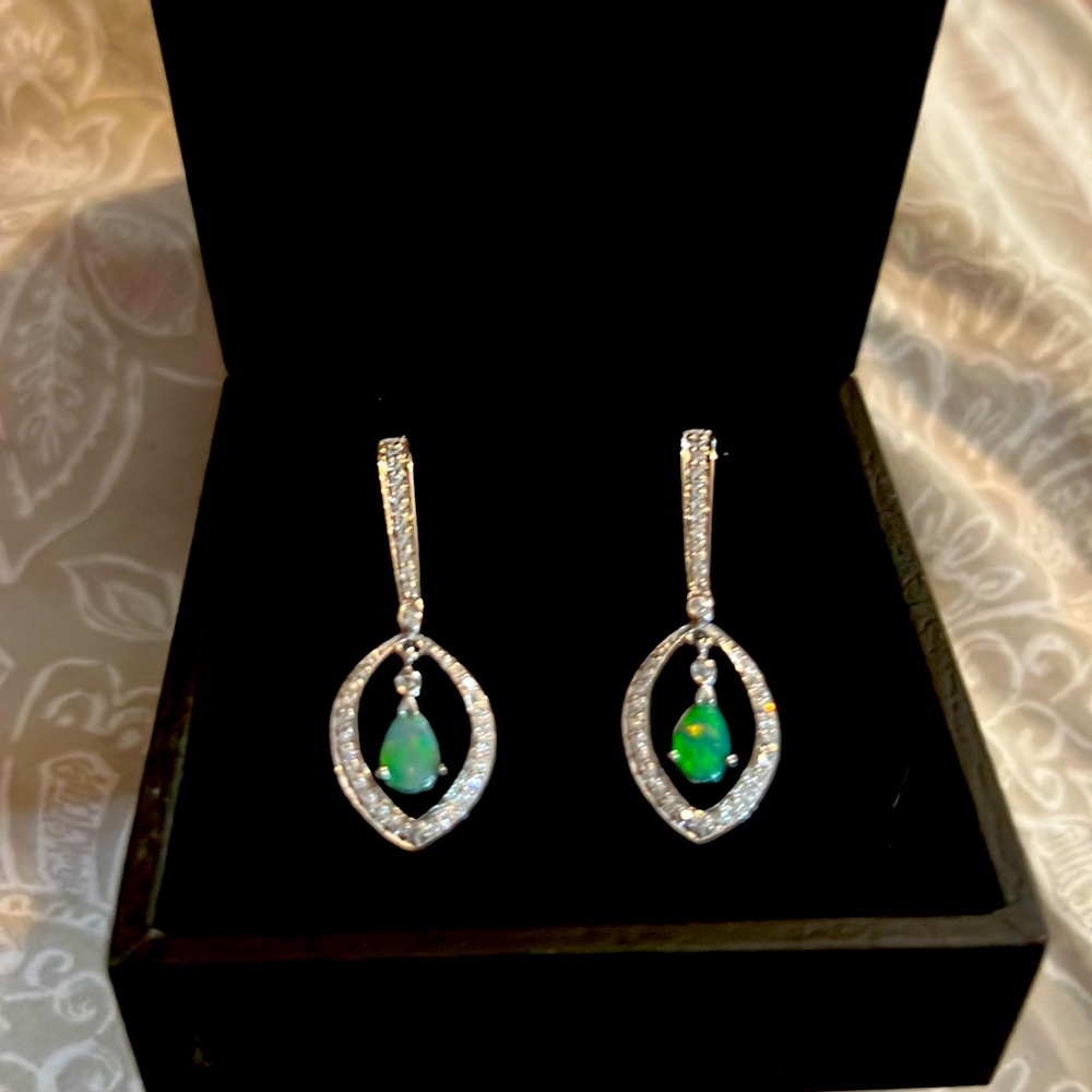 Ladies Sterling Silver Drop Opal Doublet Earrings